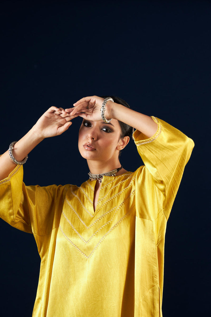 Kalidaar Kurta Set - Gold yellow & Coal Black silk by Aavidi in yellow color for women in Singapore