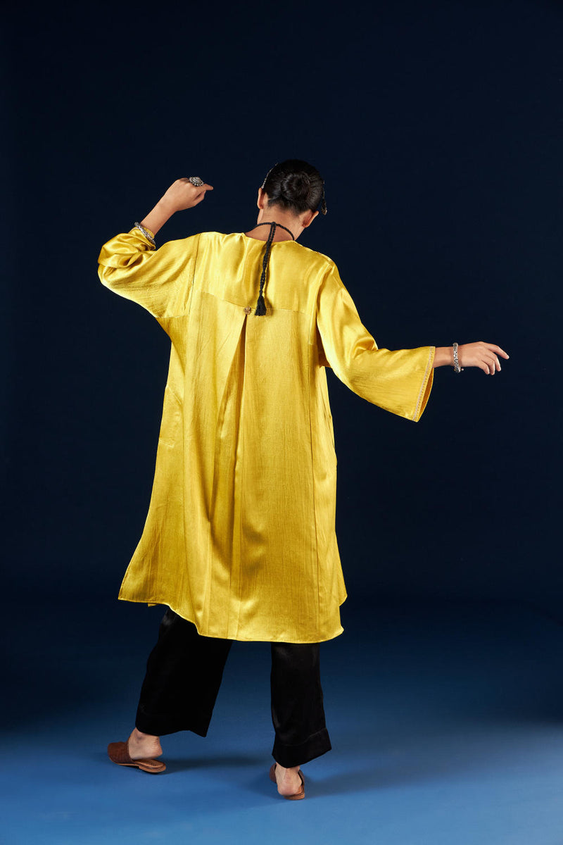 Kalidaar Kurta Set - Gold yellow & Coal Black silk by Aavidi in yellow color for women in Singapore