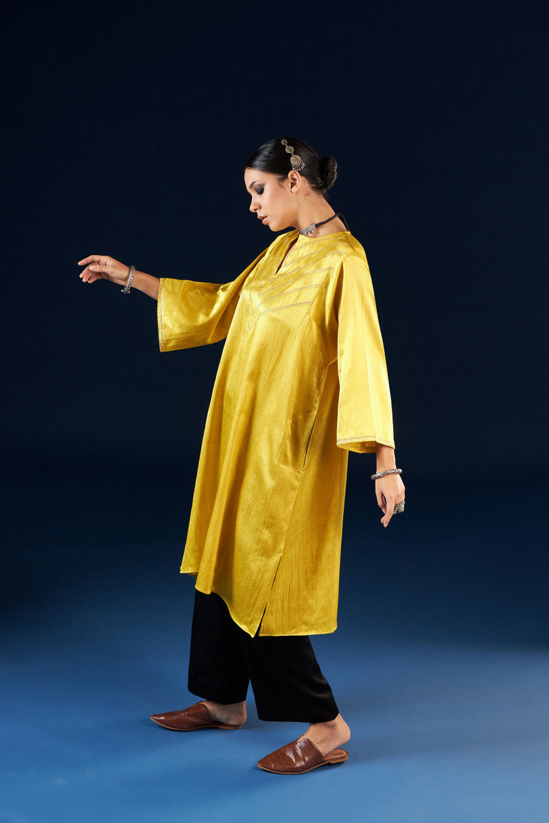 Kalidaar Kurta Set - Gold yellow & Coal Black silk by Aavidi in yellow color for women in Singapore