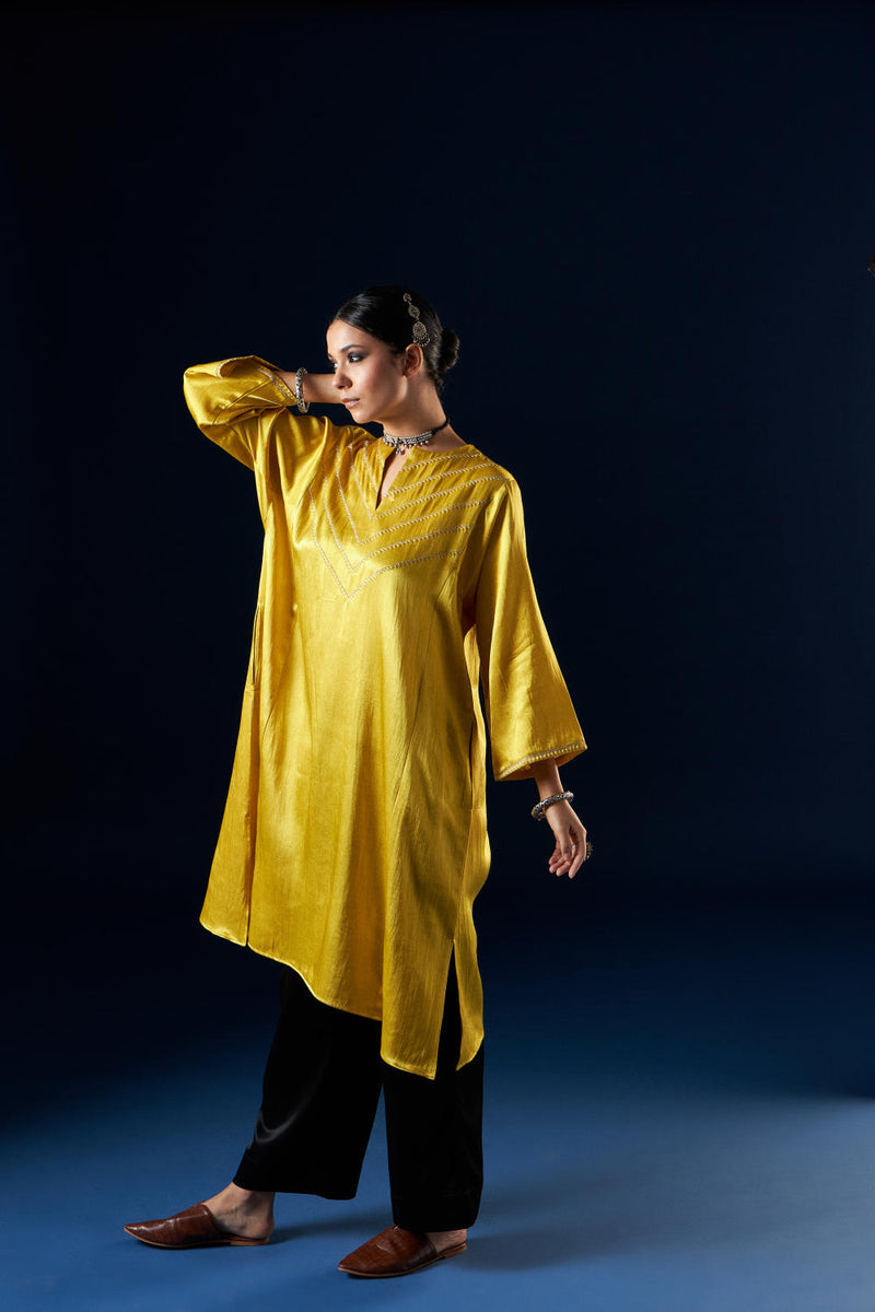 Kalidaar Kurta Set - Gold yellow & Coal Black silk by Aavidi in yellow color for women in Singapore