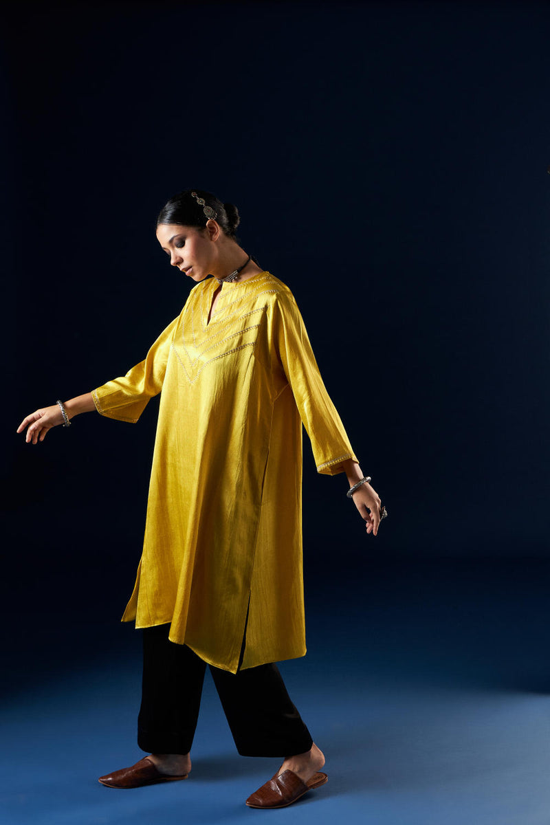 Kalidaar Kurta Set - Gold yellow & Coal Black silk by Aavidi in yellow color for women in Singapore