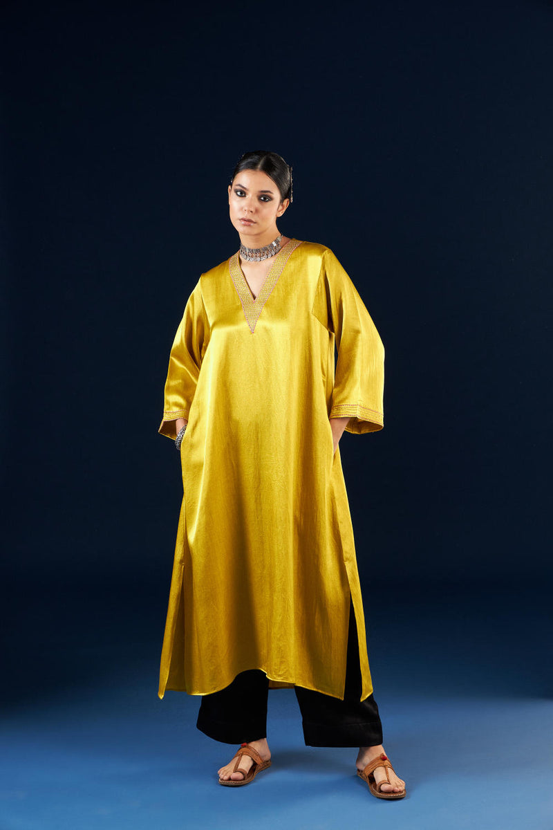 A line Kurta set - Gold yellow & Coal Black silk by Aavidi in yellow color for women in Singapore