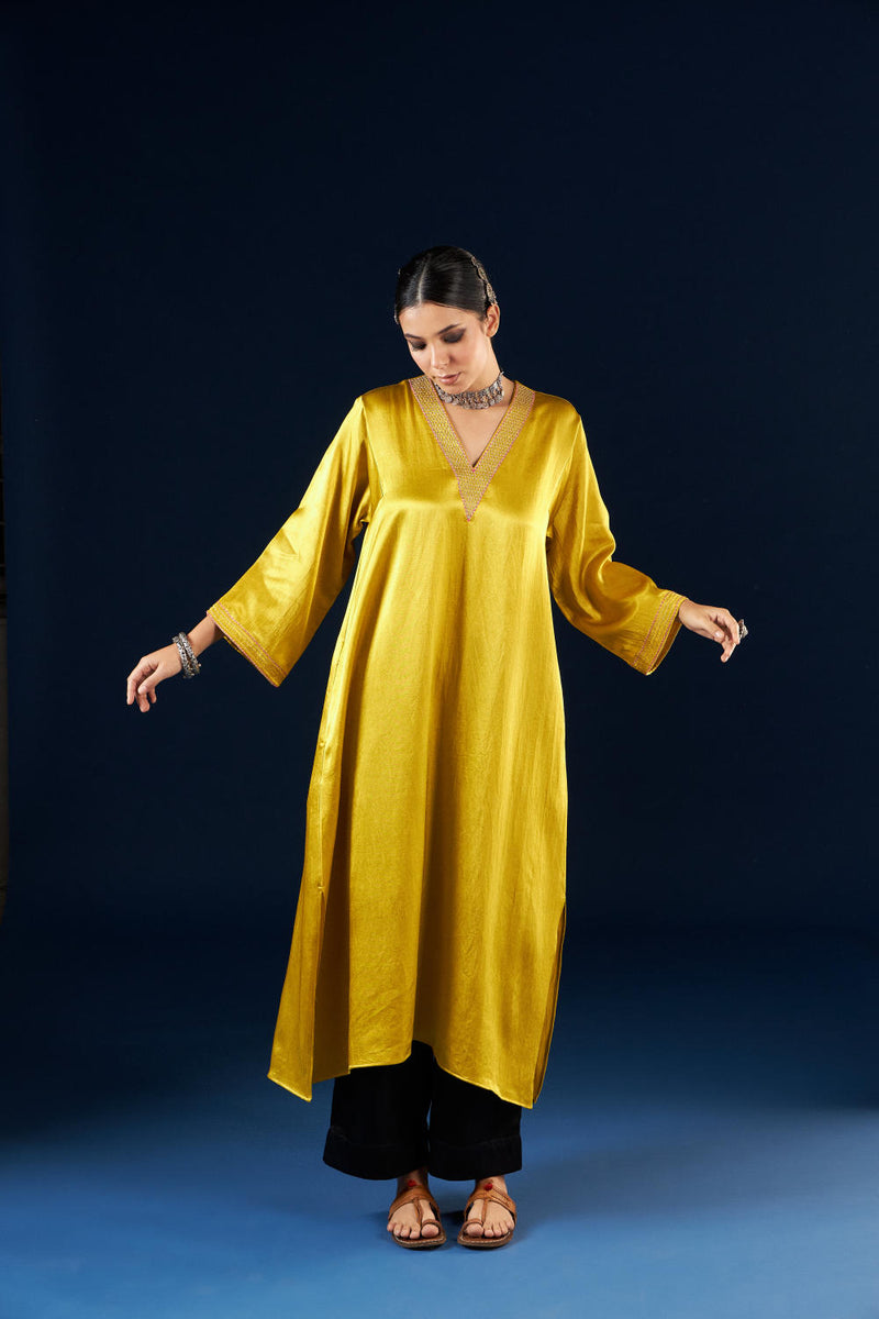 A line Kurta set - Gold yellow & Coal Black silk by Aavidi in yellow color for women in Singapore