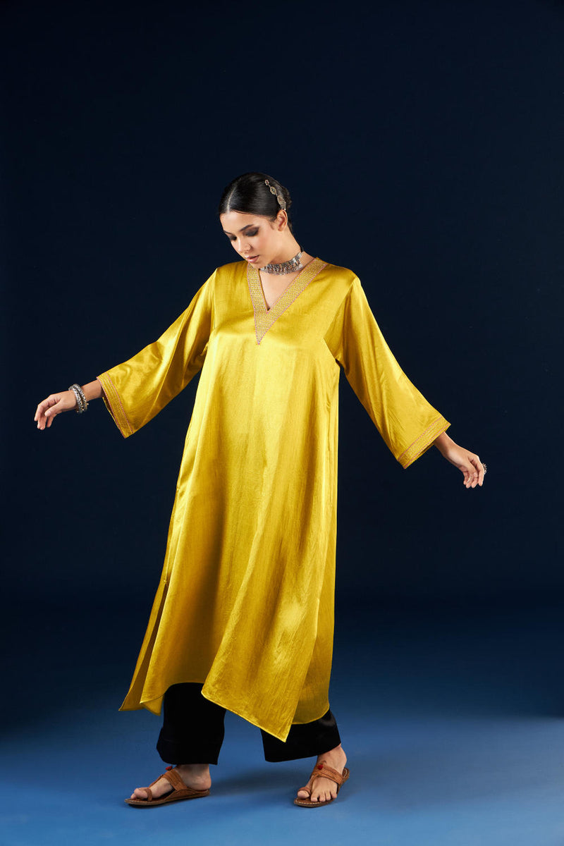 A line Kurta set - Gold yellow & Coal Black silk by Aavidi in yellow color for women in Singapore