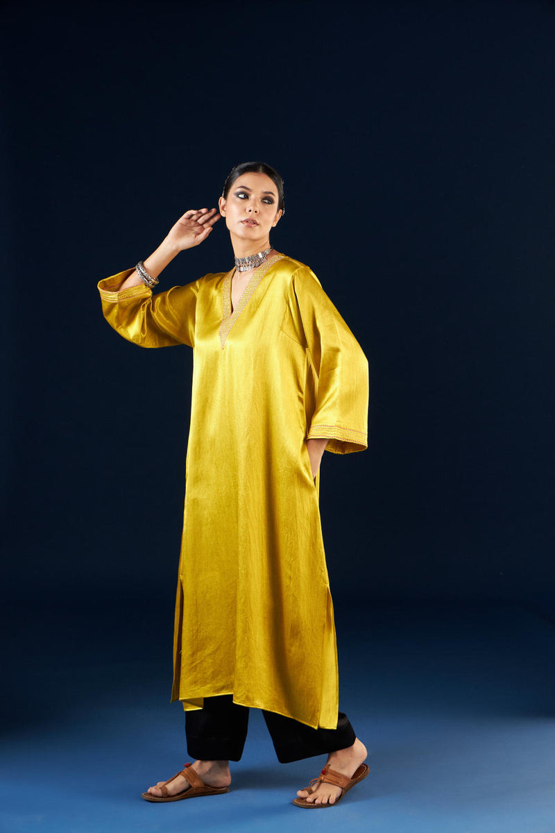 A line Kurta set - Gold yellow & Coal Black silk by Aavidi in yellow color for women in Singapore