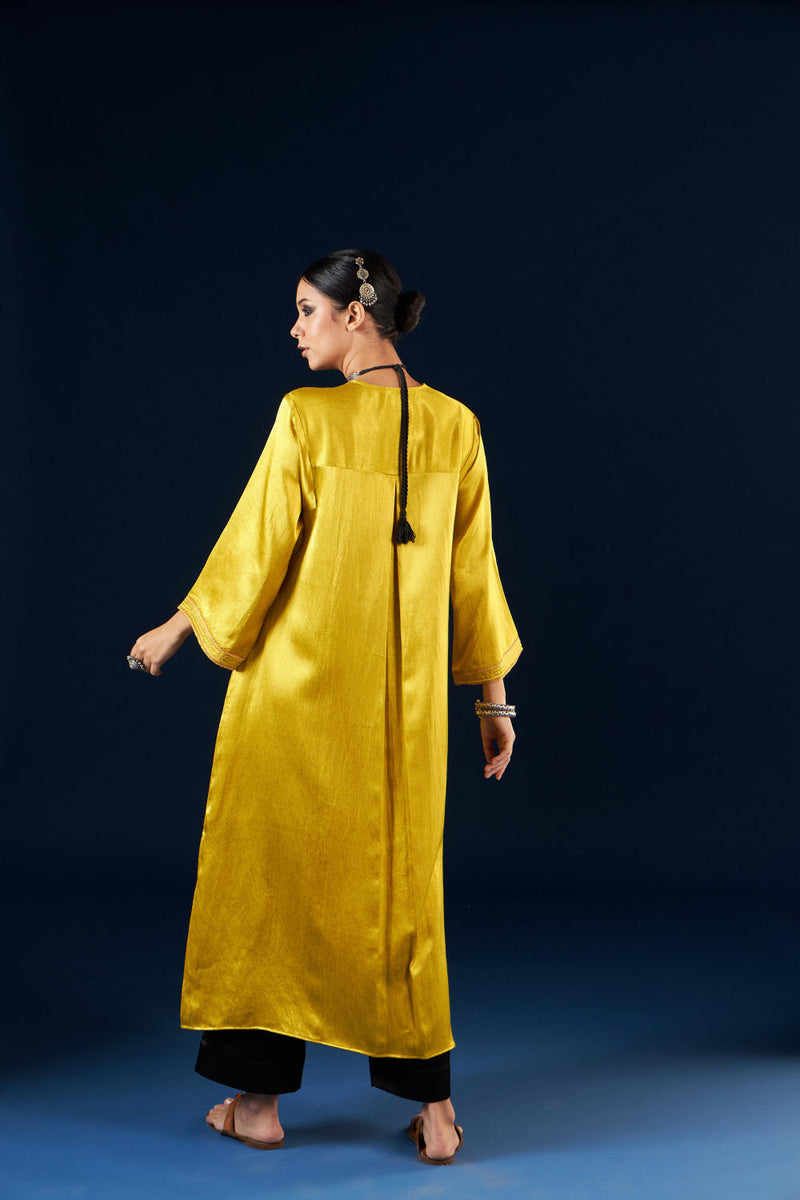 A line Kurta set - Gold yellow & Coal Black silk by Aavidi in yellow color for women in Singapore