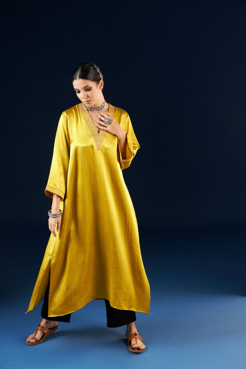 A line Kurta set - Gold yellow & Coal Black silk by Aavidi in yellow color for women in Singapore