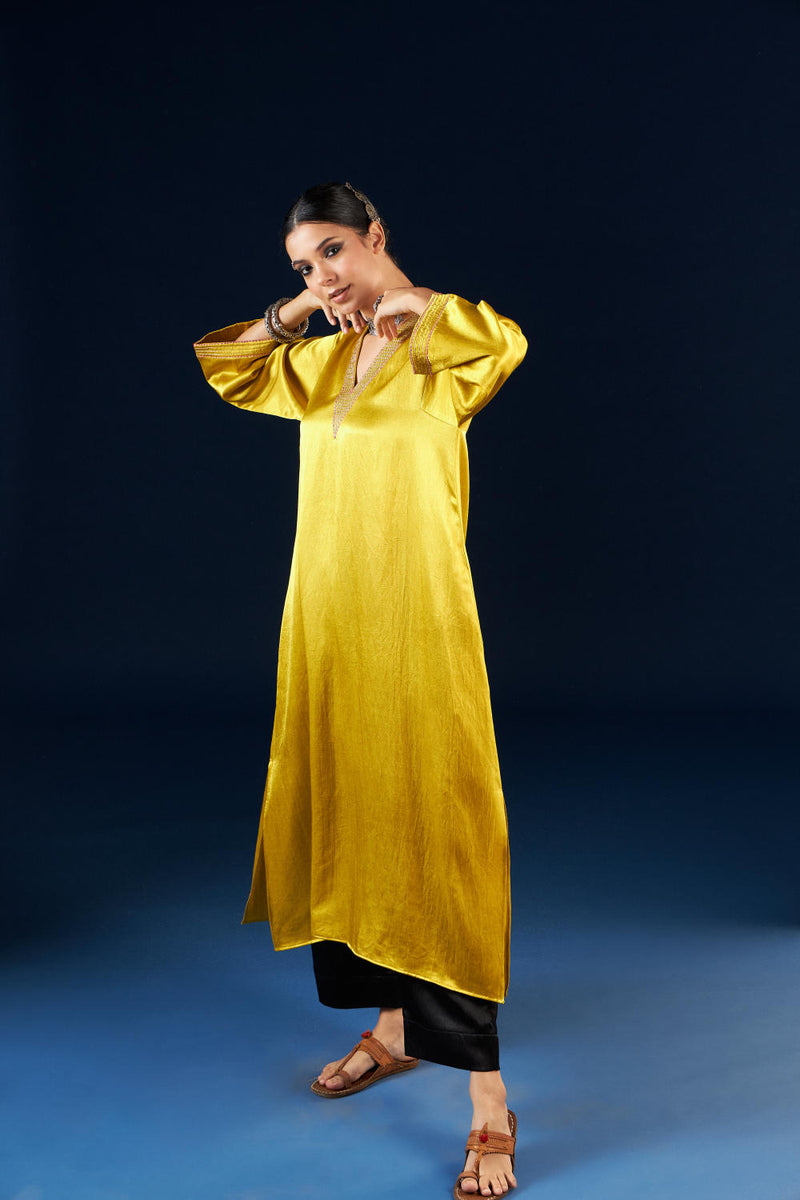 A line Kurta set - Gold yellow & Coal Black silk by Aavidi in yellow color for women in Singapore