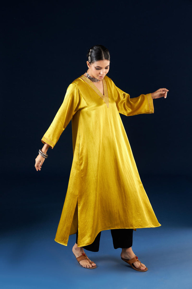 A line Kurta set - Gold yellow & Coal Black silk by Aavidi in yellow color for women in Singapore