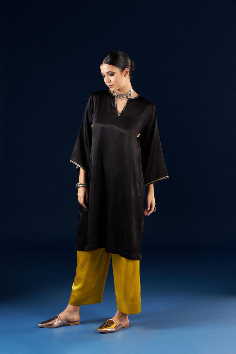 Kalidaar Kurta Set - Coal Black & Gold Yellow silk by Aavidi in black color for women in Singapore