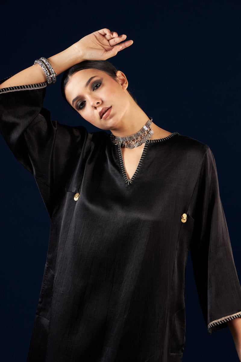 Kalidaar Kurta Set - Coal Black & Gold Yellow silk by Aavidi in black color for women in Singapore