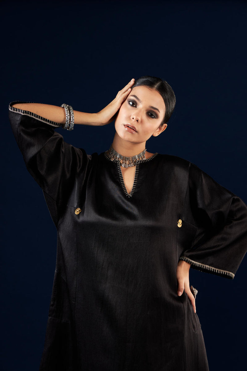 Kalidaar Kurta Set - Coal Black & Gold Yellow silk by Aavidi in black color for women in Singapore