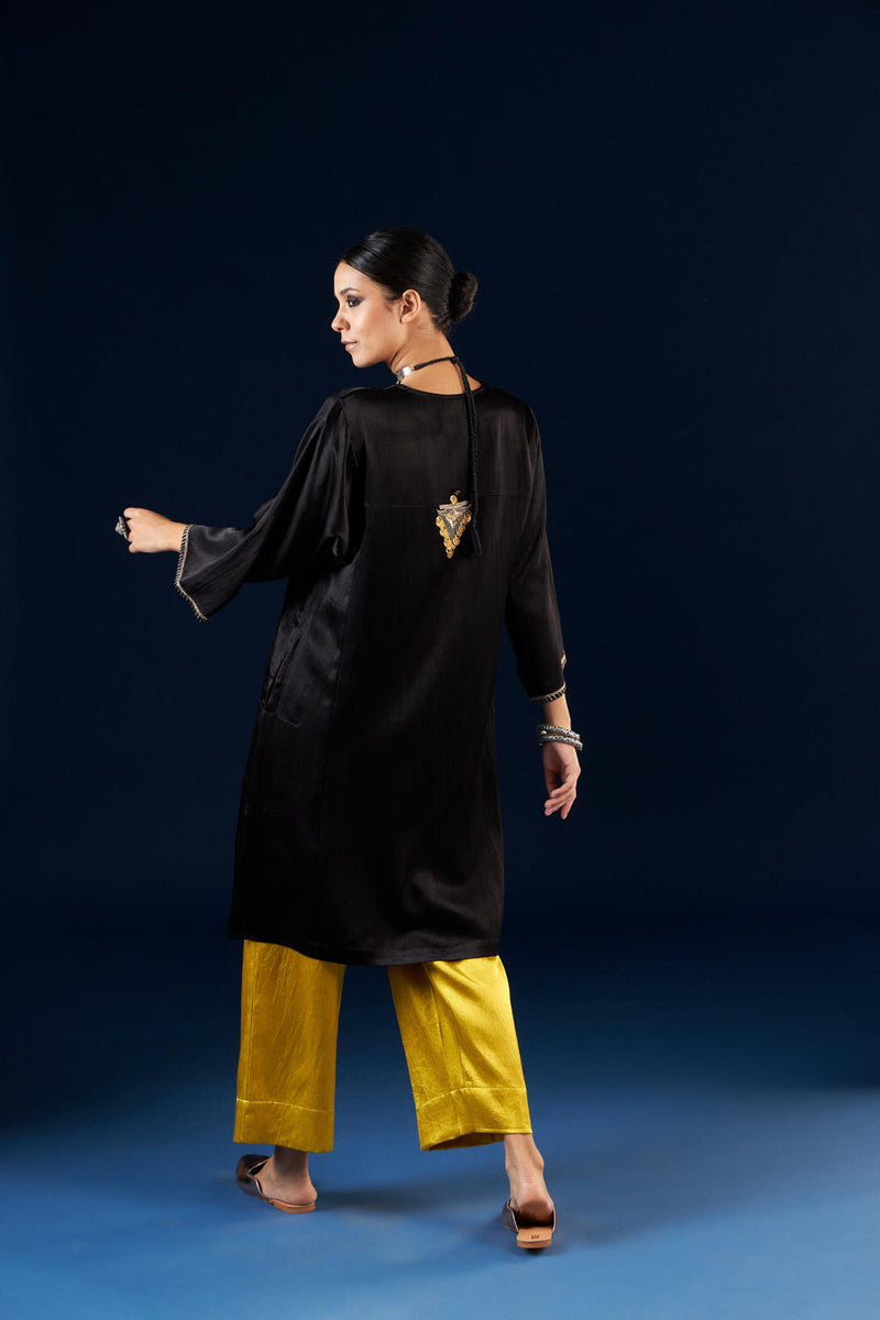 Kalidaar Kurta Set - Coal Black & Gold Yellow silk by Aavidi in black color for women in Singapore