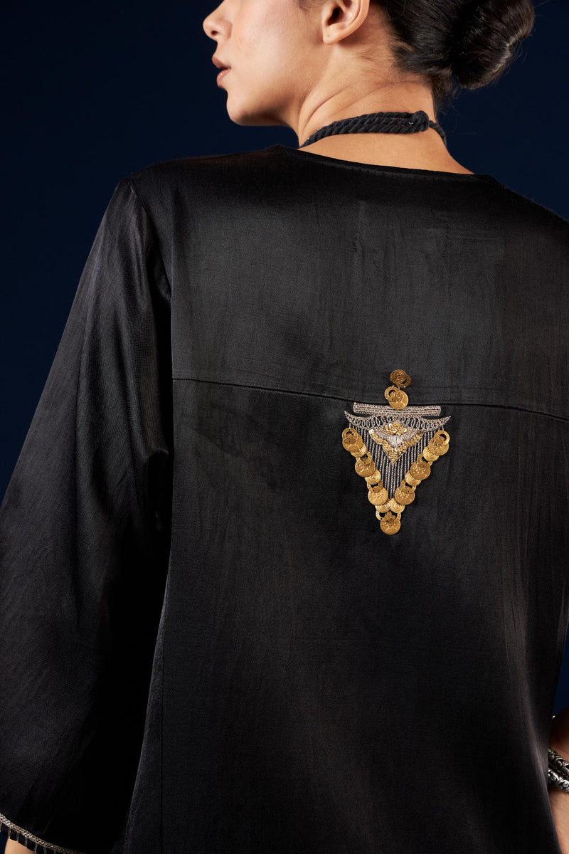 Kalidaar Kurta Set - Coal Black & Gold Yellow silk by Aavidi in black color for women in Singapore