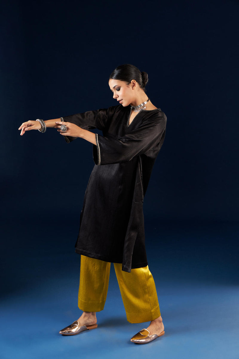 Kalidaar Kurta Set - Coal Black & Gold Yellow silk by Aavidi in black color for women in Singapore