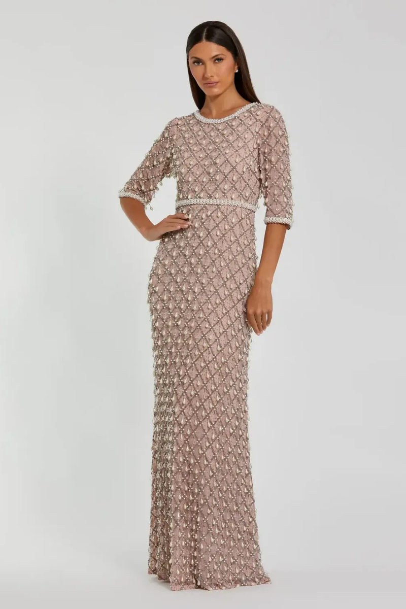 Pink Pearl Embellished 3/4 Sleeve Gown by Mac Duggal for women in Singapore