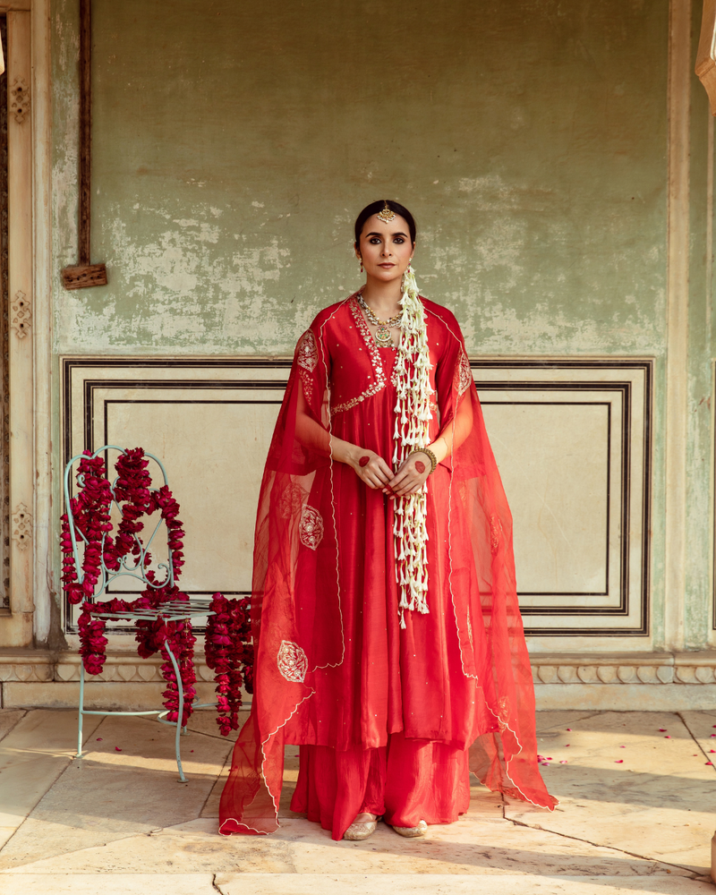 Deep Red Zari Embroidered Kalidar Set silk Buy Deep Red Zari Embroidered Kalidar Set from C&W | Kurta/Kurta Sets for Women by Maison Shefali in red color for women in Singapore