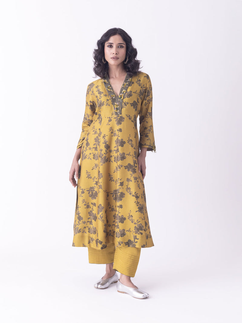 Mrida-Kurta silk blend kurta/kurta set by Shades of India in mustard for women in Singapore