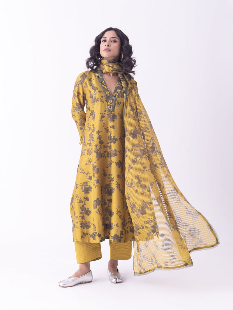 Mrida-Kurta silk blend kurta/kurta set by Shades of India in mustard for women in Singapore