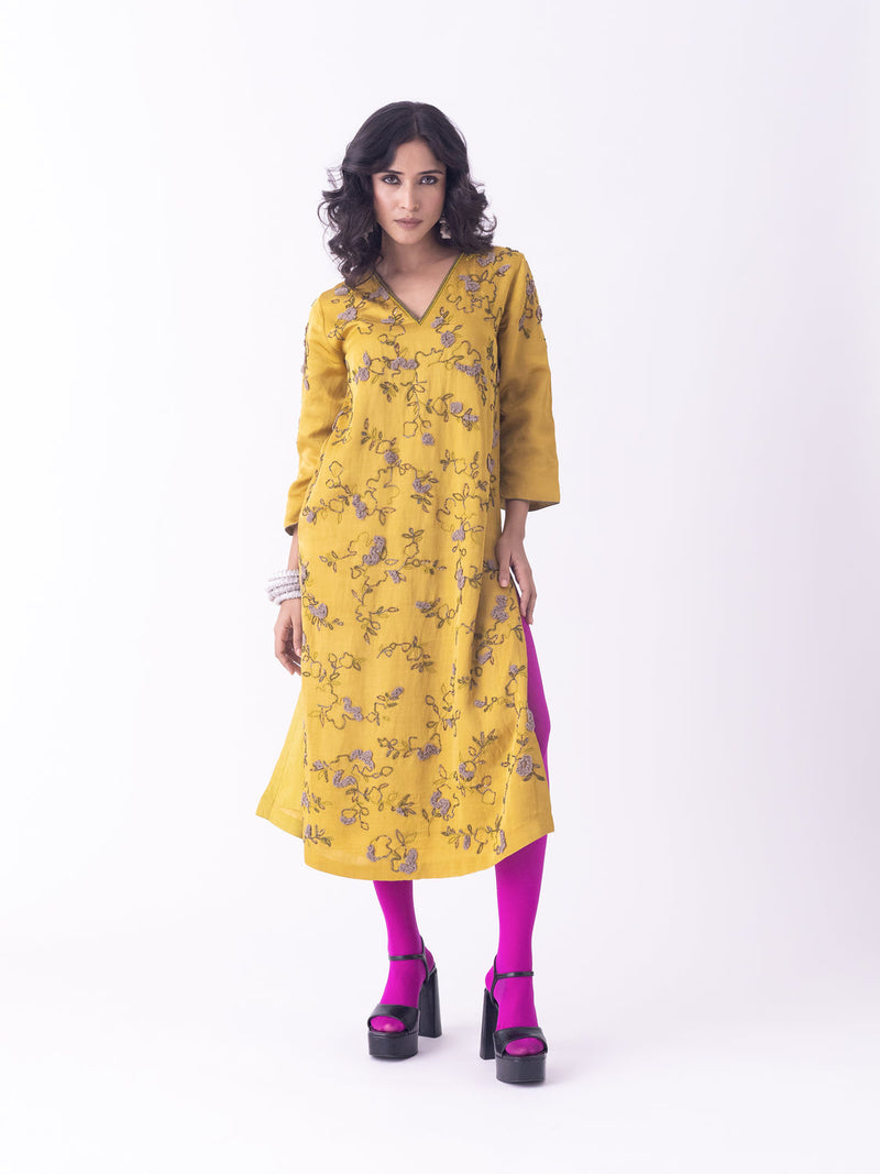 Nav-Kurta linen blend kurta/kurta set by Shades of India in mustard for women in Singapore