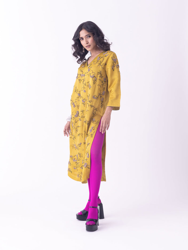Nav-Kurta linen blend kurta/kurta set by Shades of India in mustard for women in Singapore