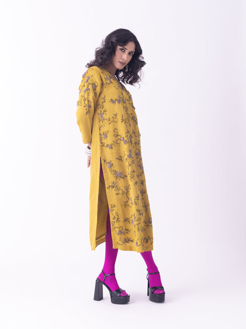 Nav-Kurta linen blend kurta/kurta set by Shades of India in mustard for women in Singapore