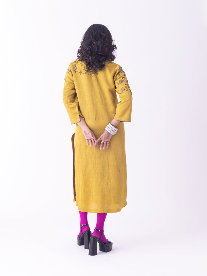 Nav-Kurta linen blend kurta/kurta set by Shades of India in mustard for women in Singapore