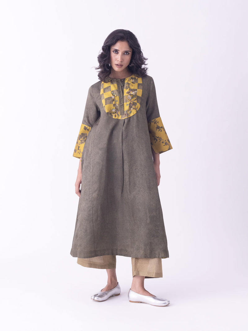 Aari-Kurta silk cotton satin kurta/kurta set by Shades of India in olive for women in Singapore
