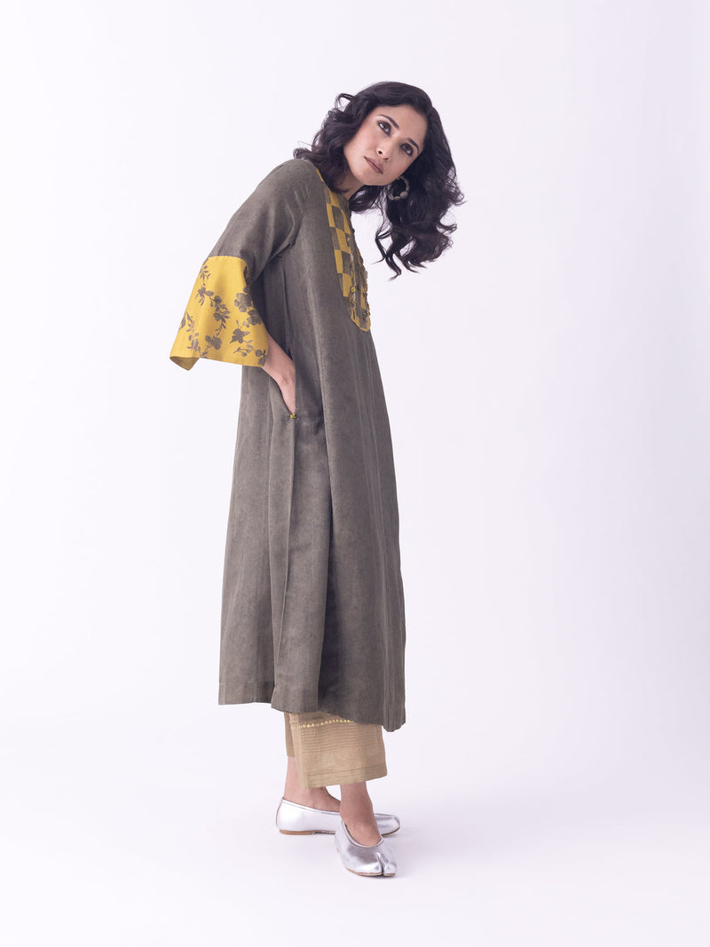 Aari-Kurta silk cotton satin kurta/kurta set by Shades of India in olive for women in Singapore