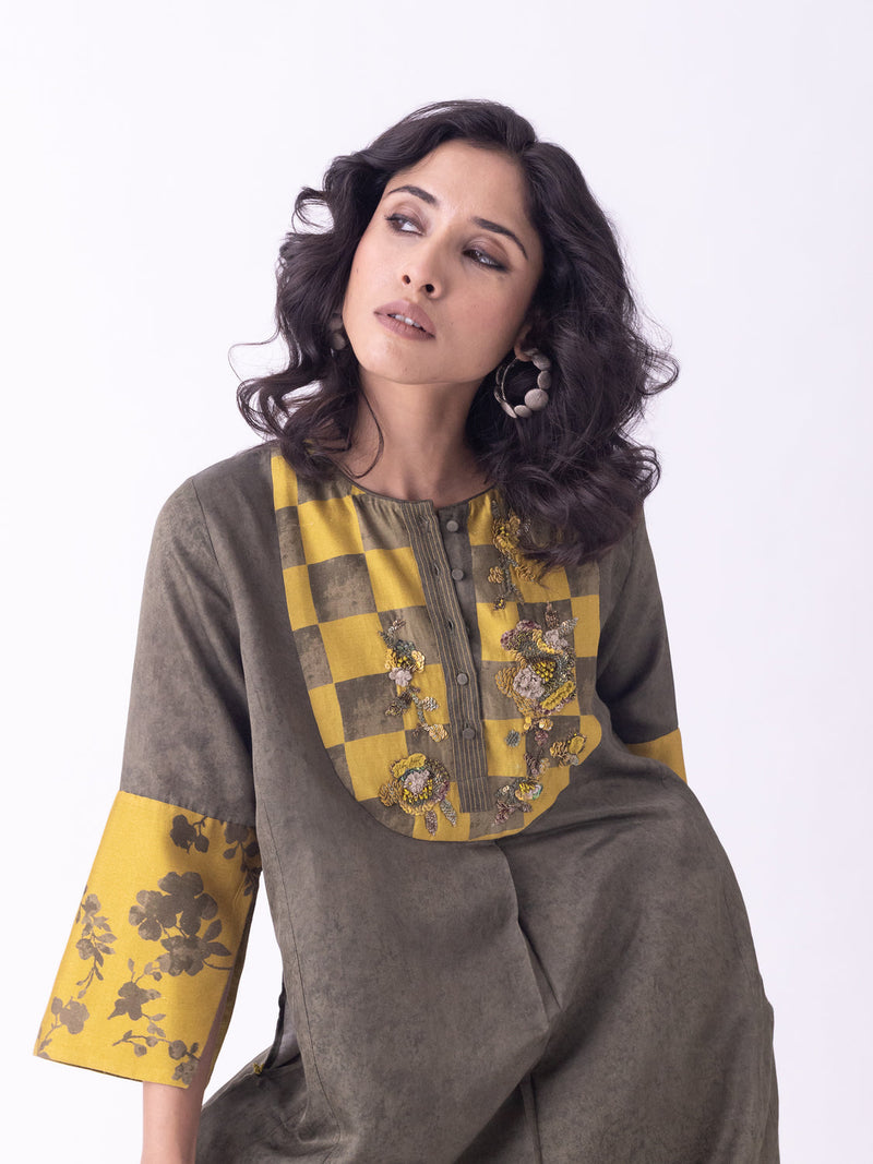 Aari-Kurta silk cotton satin kurta/kurta set by Shades of India in olive for women in Singapore