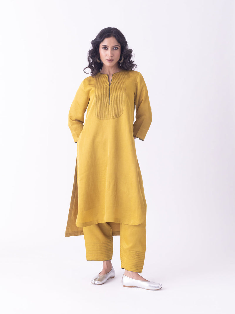 Bind-Kurta linen blend kurta/kurta set by Shades of India in musturd for women in Singapore