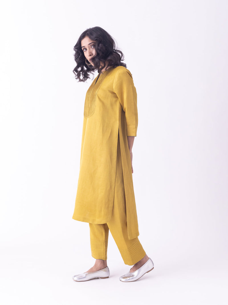 Bind-Kurta linen blend kurta/kurta set by Shades of India in musturd for women in Singapore