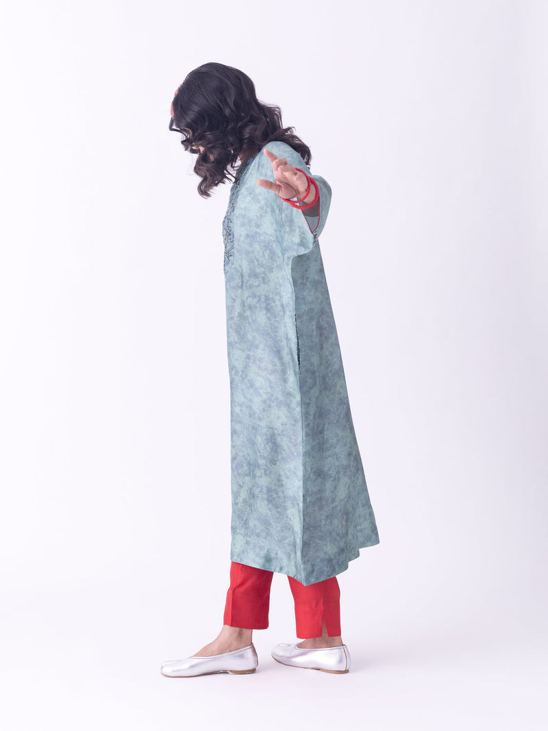 Dhara-Kaftan silk blend indo-western by Shades of India in teal for women in Singapore