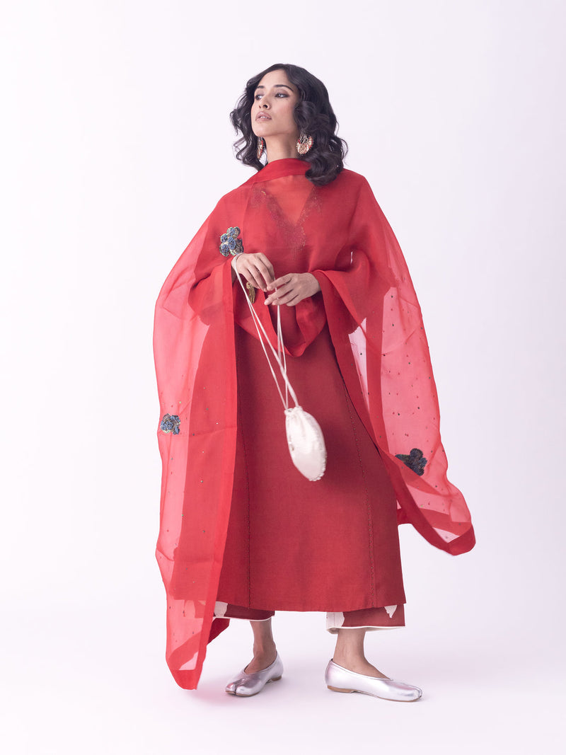 Vaski-Dupatta silk organza dupatta by Shades of India in red for women in Singapore