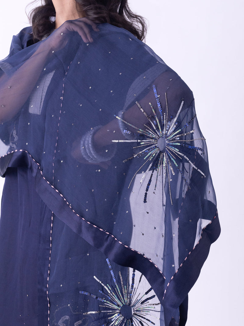Vana-Dupatta silk organza dupatta by Shades of India in indigo for women in Singapore