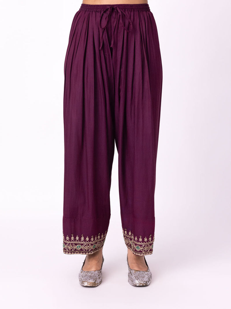 Chaila Salwar silk cotton satin pyjama/salwar by Shades of India in wine for women in Singapore