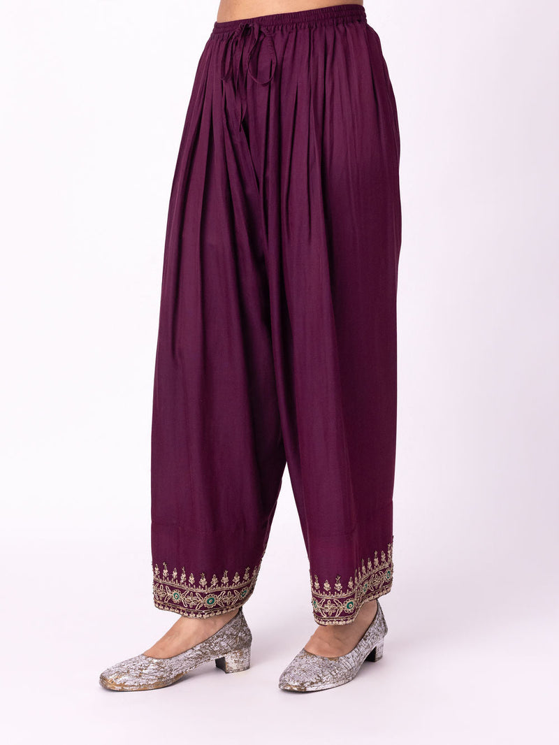 Chaila Salwar silk cotton satin pyjama/salwar by Shades of India in wine for women in Singapore