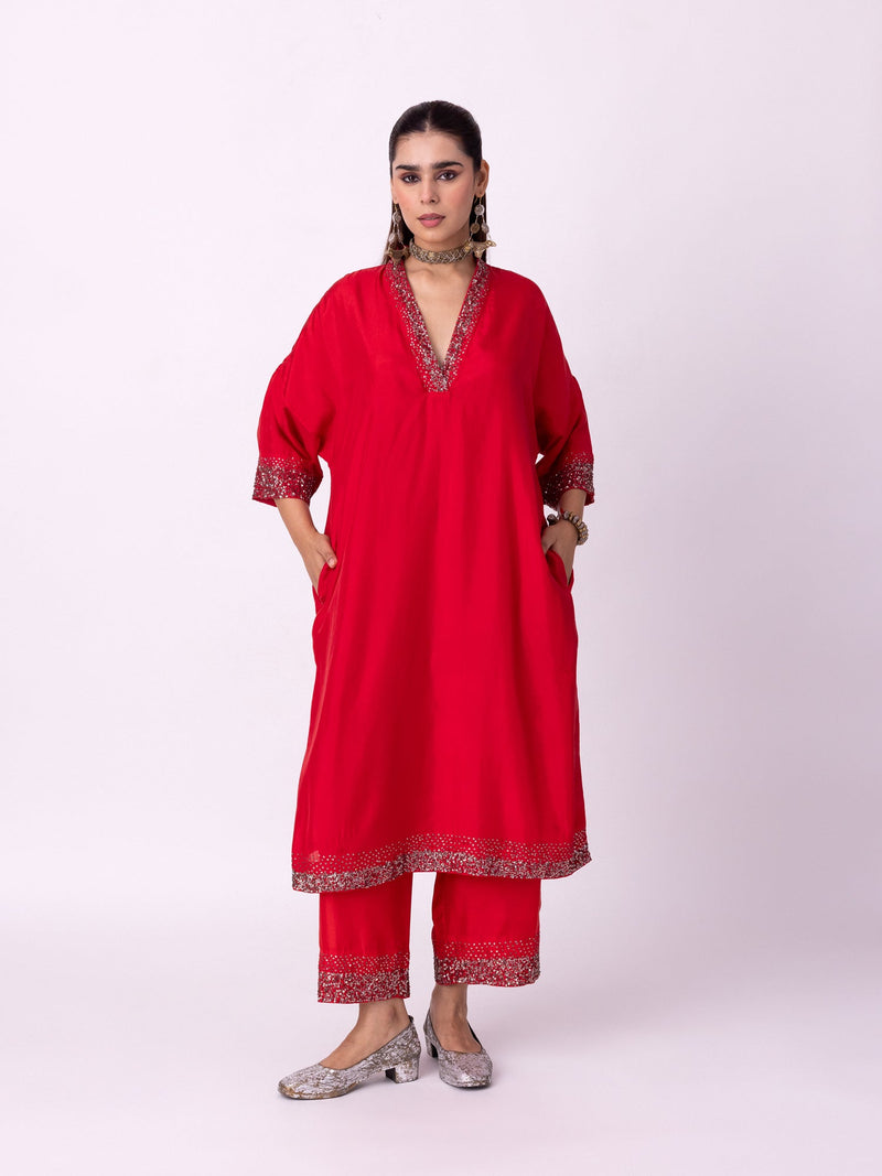Aangan Kaftan silk indo-western by Shades of India in red for women in Singapore