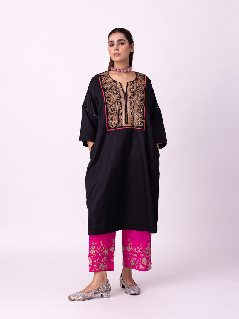 Badaam Kaftan silk cotton satin kurta/kurta set by Shades of India in black for women in Singapore