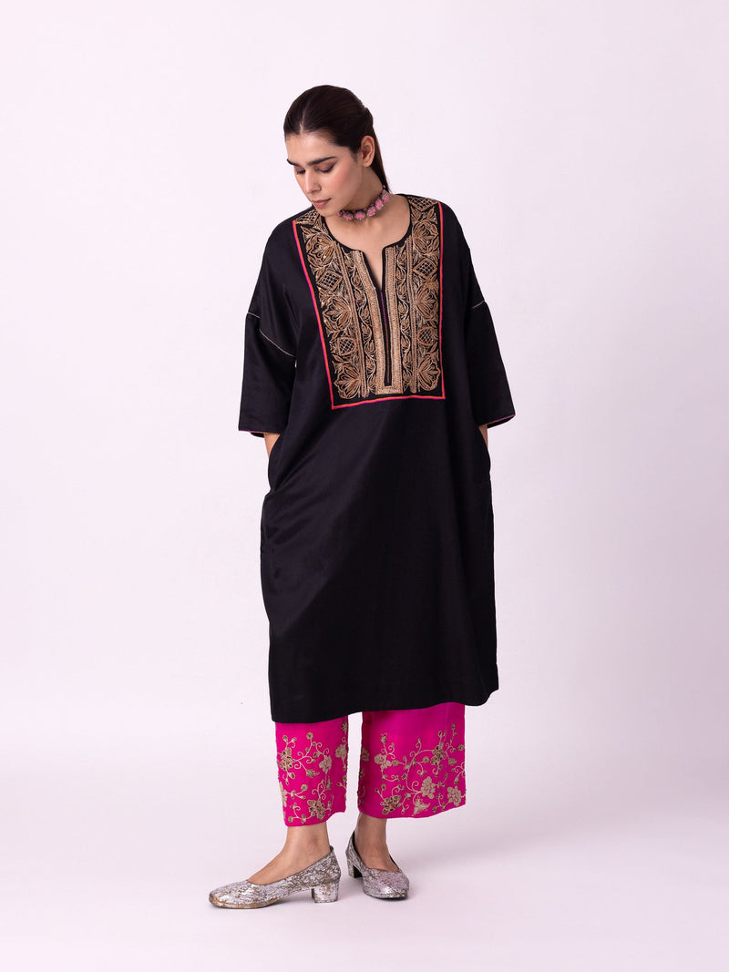 Badaam Kaftan silk cotton satin kurta/kurta set by Shades of India in black for women in Singapore