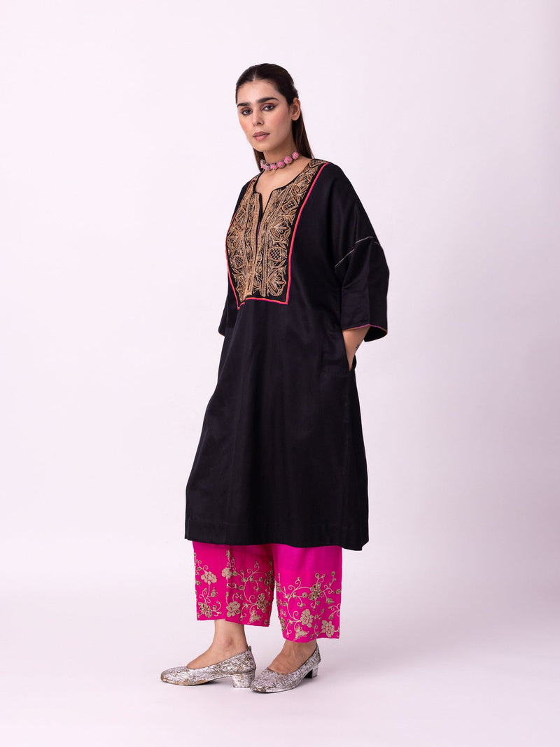 Badaam Kaftan silk cotton satin kurta/kurta set by Shades of India in black for women in Singapore