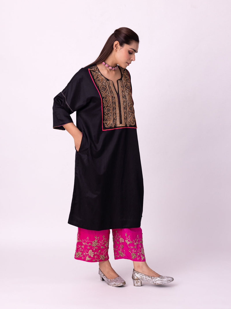 Badaam Kaftan silk cotton satin kurta/kurta set by Shades of India in black for women in Singapore