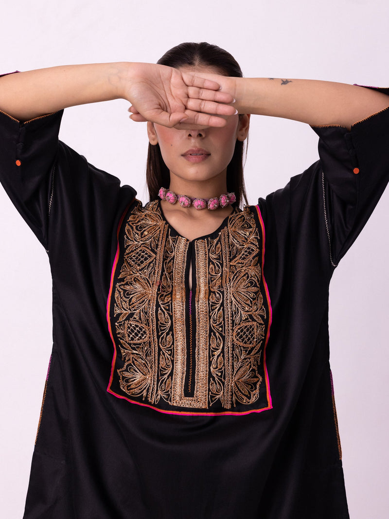 Badaam Kaftan silk cotton satin kurta/kurta set by Shades of India in black for women in Singapore
