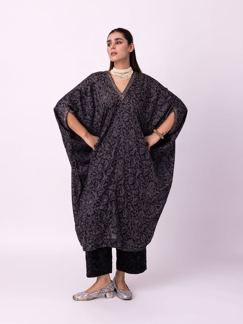 Badla Kaftan silk cotton satin kurta/kurta set by Shades of India in black/charcoal for women in Singapore