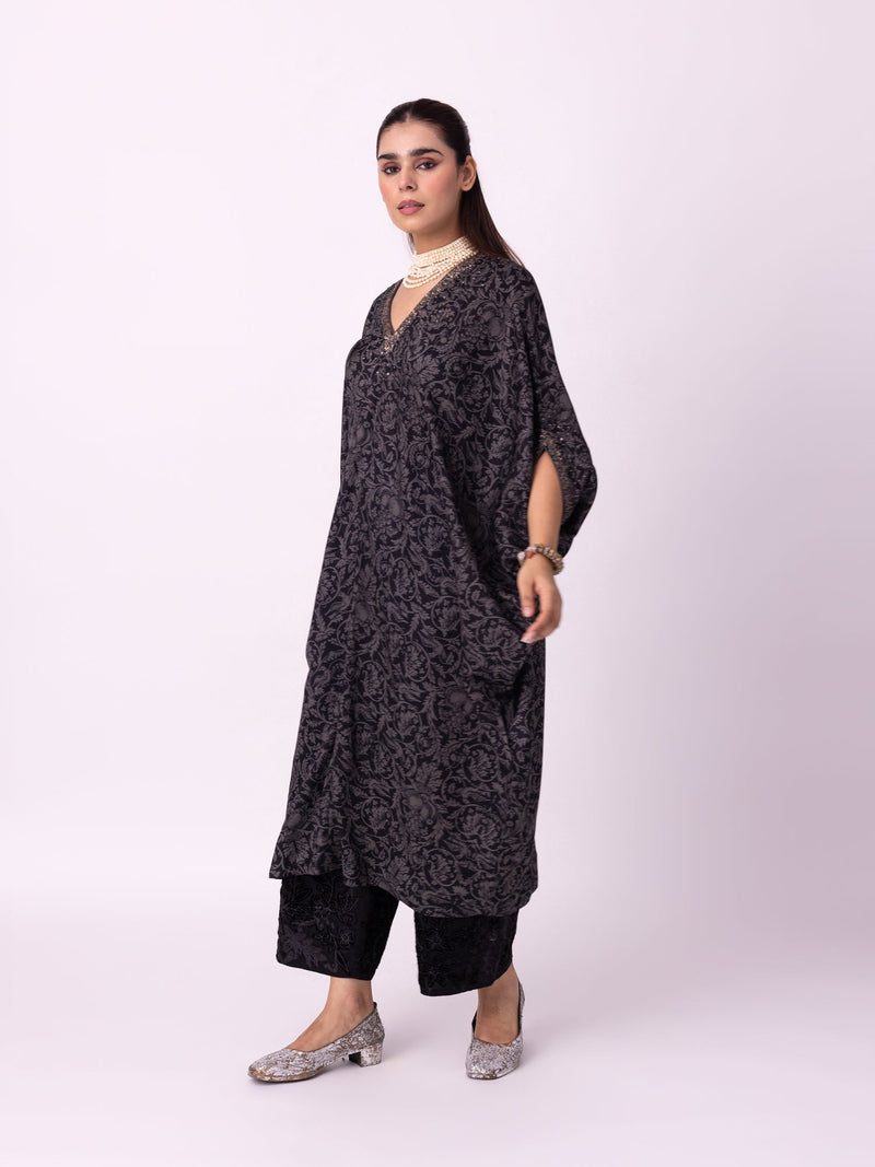Badla Kaftan silk cotton satin kurta/kurta set by Shades of India in black/charcoal for women in Singapore