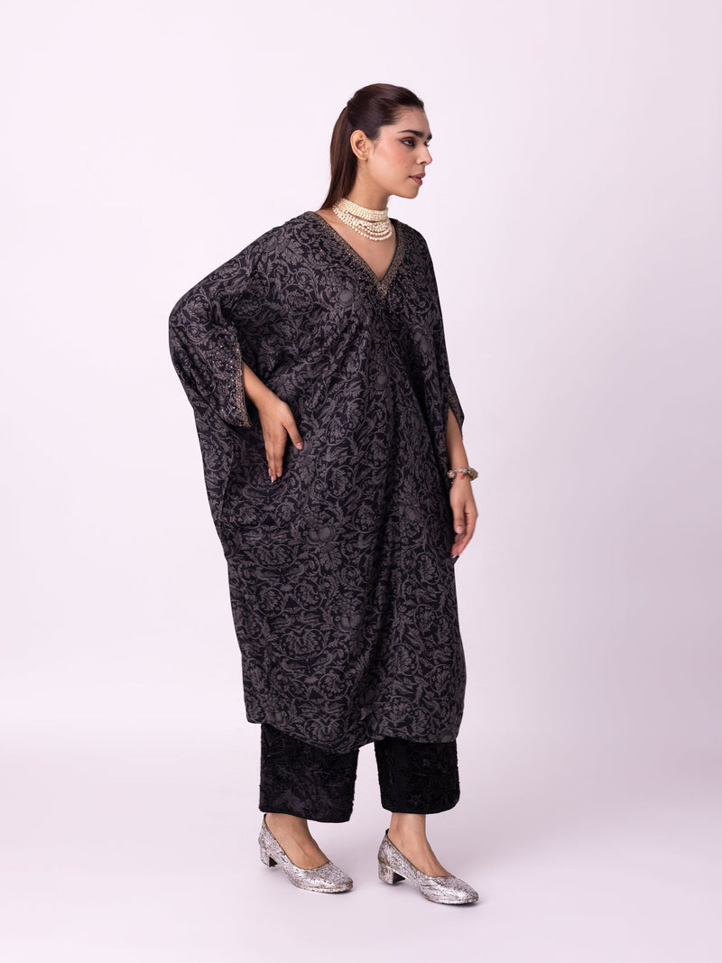 Badla Kaftan silk cotton satin kurta/kurta set by Shades of India in black/charcoal for women in Singapore