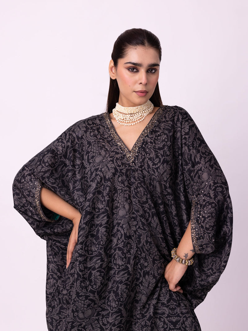 Badla Kaftan silk cotton satin kurta/kurta set by Shades of India in black/charcoal for women in Singapore