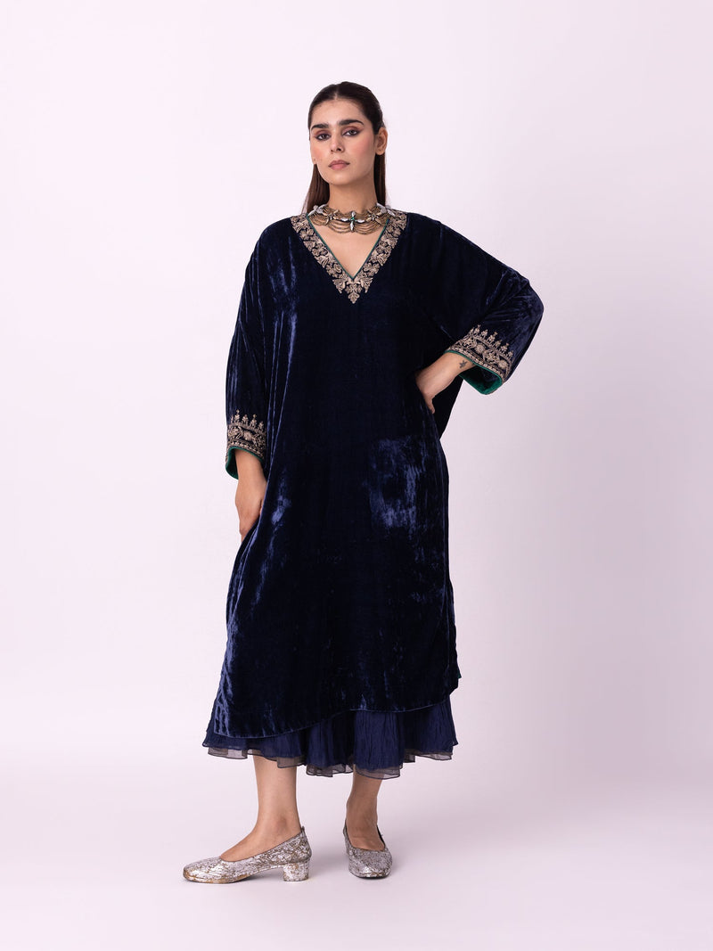 Nawaz Kaftan silk velvet indo-western by Shades of India in blue for women in Singapore