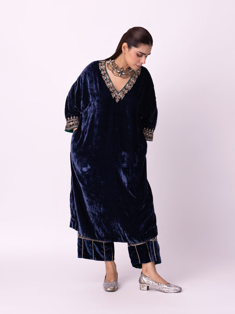 Nawaz Kaftan silk velvet indo-western by Shades of India in blue for women in Singapore