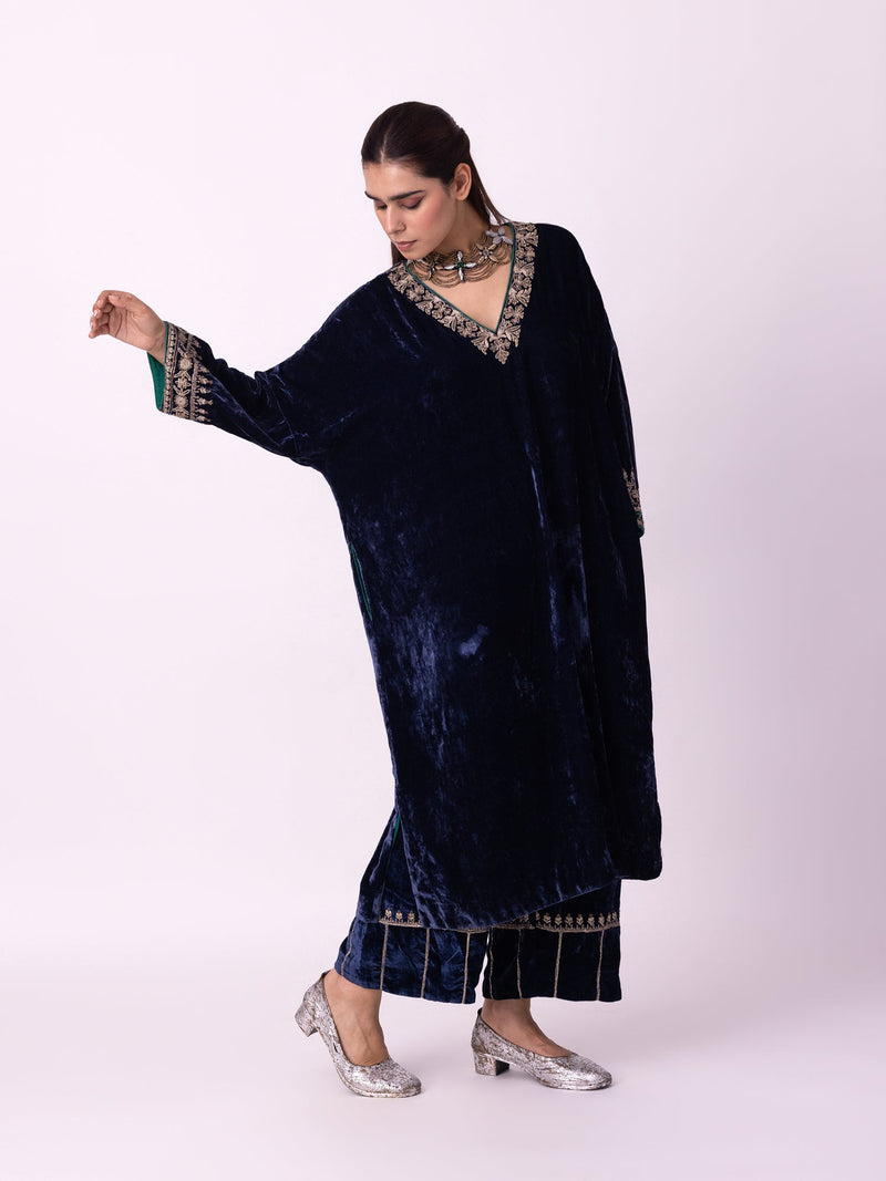Nawaz Kaftan silk velvet indo-western by Shades of India in blue for women in Singapore